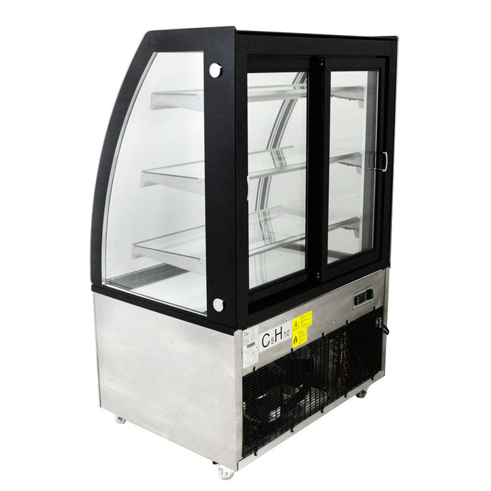 Omcan 36″ Curved Glass Floor Refrigerated Display Showcase – 10.95 Cu. Ft. (310L), Three-Shelf Stainless Steel Bakery & Merchandising Display Cooler