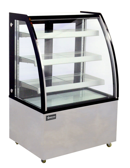 Omcan 36″ Curved Glass Floor Refrigerated Display Showcase – 10.95 Cu. Ft. (310L), Three-Shelf Stainless Steel Bakery & Merchandising Display Cooler
