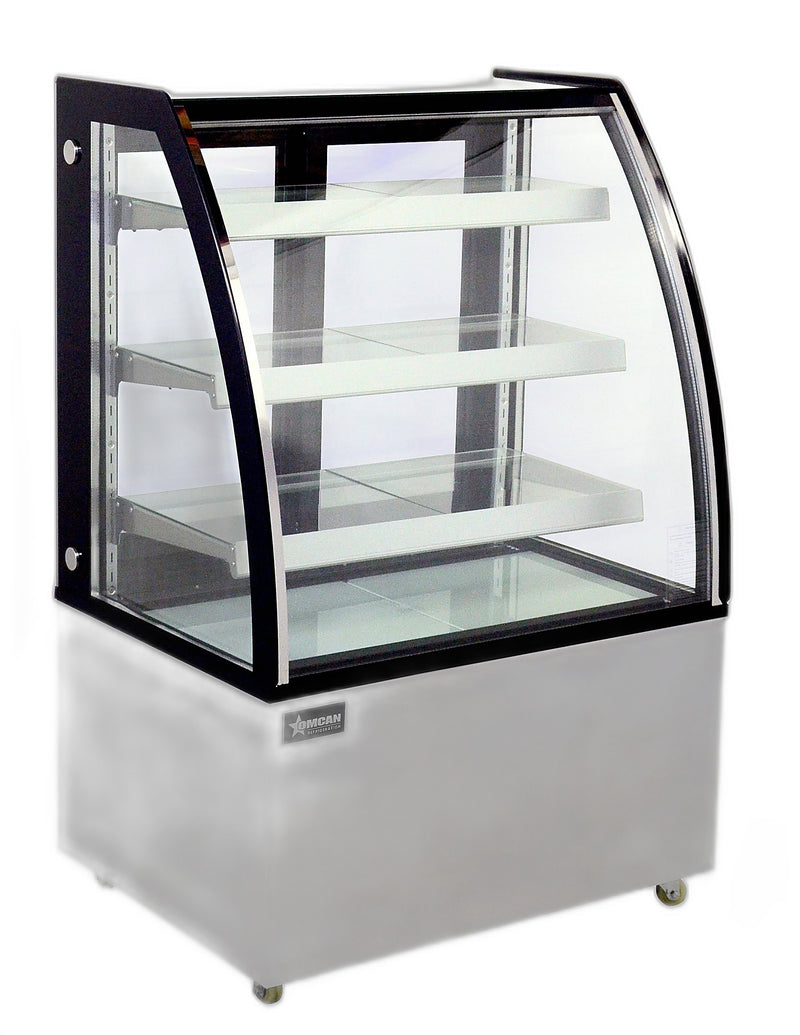 Omcan 36″ Curved Glass Floor Refrigerated Display Showcase – 10.95 Cu. Ft. (310L), Three-Shelf Stainless Steel Bakery & Merchandising Display Cooler