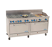Comstock-Castle 2F330-12 72" Gas Restaurant Range, 10 Open Burners, 12" Hot Plate, 2 Standard Ovens, Stainless Steel Front, 320,000 BTU - Bakery Wholesalers