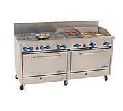 Comstock-Castle 2F330-18-1.5RB 72" Gas Restaurant Range, 6 Open Burners, 18" Griddle, 18" Radiant Broiler, 2 Standard Ovens, Stainless Steel Front, 298,000 BTU - Bakery Wholesalers