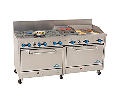 Comstock-Castle 2F330-18-1.5RB 72" Gas Restaurant Range, 6 Open Burners, 18" Griddle, 18" Radiant Broiler, 2 Standard Ovens, Stainless Steel Front, 298,000 BTU - Bakery Wholesalers