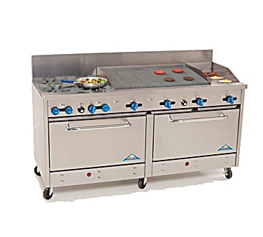Comstock-Castle 2F330-18-2.5RB 72" Gas Restaurant Range, 4 Open Burners, 18" Griddle, 30" Radiant Broiler, 2 Standard Ovens, Stainless Steel Front, 246,000 BTU - Bakery Wholesalers