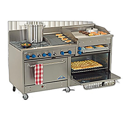 Comstock-Castle 2F330-2.5RB-30B 72" Gas Restaurant Range, 2 Open Burners, 30" Radiant Broiler, 30" Charbroiler, 2 Standard Ovens, Stainless Steel Front, 238,000 BTU - Bakery Wholesalers