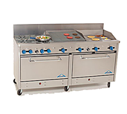 Comstock-Castle 2F330-24-2RB 72" Gas Restaurant Range, 4 Open Burners, 24" Griddle, 24" Radiant Broiler, 2 Standard Ovens, Stainless Steel Front, 246,000 BTU - Bakery Wholesalers