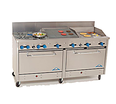 Comstock-Castle 2F330-24-2RB 72" Gas Restaurant Range, 4 Open Burners, 24" Griddle, 24" Radiant Broiler, 2 Standard Ovens, Stainless Steel Front, 246,000 BTU - Bakery Wholesalers