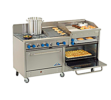 Comstock-Castle 2F330-24B 72" Gas Restaurant Range, 8 Open Burners, 24" Charbroiler, 2 Standard Ovens, Stainless Steel Front, 222,000 BTU - Bakery Wholesalers