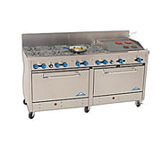 Comstock-Castle 2F330-2RB 72" Gas Restaurant Range, 8 Open Burners, 24" Radiant Broiler, 2 Standard Ovens, Stainless Steel Front, 302,000 BTU - Bakery Wholesalers