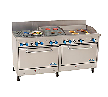 Comstock-Castle 2F330-30-1.5RB 72" Gas Restaurant Range, 4 Open Burners, 30" Griddle, 18" Radiant Broiler, 2 Standard Ovens, Stainless Steel Front, 268,000 BTU - Bakery Wholesalers