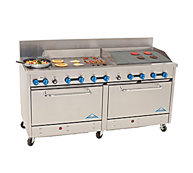 Comstock-Castle 2F330-30-2.5RB 72" Gas Restaurant Range, 2 Open Burners, 30" Griddle, 30" Radiant Broiler, 2 Standard Ovens, Stainless Steel Front, 246,000 BTU - Bakery Wholesalers