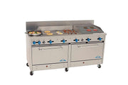 Comstock-Castle 2F330-36-2RB 72" Gas Restaurant Range, 2 Open Burners, 36" Griddle, 24" Radiant Broiler, 2 Standard Ovens, Stainless Steel Front, 246,000 BTU - Bakery Wholesalers