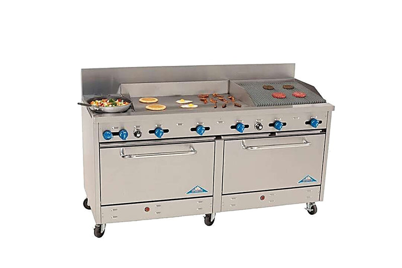 Comstock-Castle 2F330-36-2RB 72" Gas Restaurant Range, 2 Open Burners, 36" Griddle, 24" Radiant Broiler, 2 Standard Ovens, Stainless Steel Front, 246,000 BTU - Bakery Wholesalers