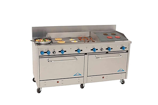 Comstock-Castle 2F330-36-2RB 72" Gas Restaurant Range, 2 Open Burners, 36" Griddle, 24" Radiant Broiler, 2 Standard Ovens, Stainless Steel Front, 246,000 BTU - Bakery Wholesalers