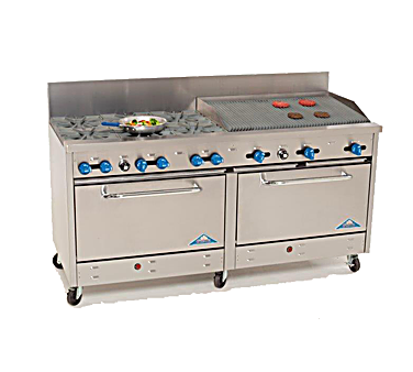 Comstock-Castle 2F330-3RB 72" Gas Restaurant Range, 6 Open Burners, 36" Radiant Broiler, 2 Standard Ovens, Stainless Steel Front, 279,000 BTU - Bakery Wholesalers