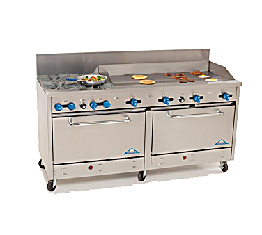 Comstock-Castle 2F330-6RB 72" Gas Restaurant Range, 4 Open Burners, 36" Radiant Broiler, 2 Standard Ovens, Stainless Steel Front, 185,000 BTU - Bakery Wholesalers