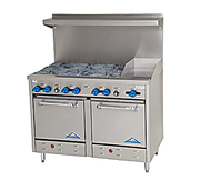 Comstock-Castle F3218-12 48" Gas Restaurant Range, 6 Open Burners, 12" Griddle, 2 Standard Ovens, Stainless Steel Front, 234,000 BTU - Bakery Wholesalers