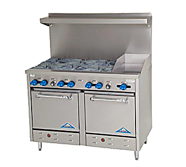 Comstock-Castle F3218-12 48" Gas Restaurant Range, 6 Open Burners, 12" Griddle, 2 Standard Ovens, Stainless Steel Front, 234,000 BTU - Bakery Wholesalers