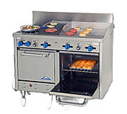 Comstock-Castle F3218-24-1RB 48" Gas Restaurant Range, 2 Open Burners, 24" Griddle, 12" Radiant Broiler, 2 Standard Ovens, Stainless Steel Front, 163,000 BTU - Bakery Wholesalers