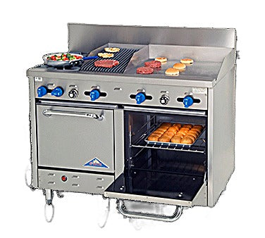 Comstock-Castle F3218-24-1RB 48" Gas Restaurant Range, 2 Open Burners, 24" Griddle, 12" Radiant Broiler, 2 Standard Ovens, Stainless Steel Front, 163,000 BTU - Bakery Wholesalers