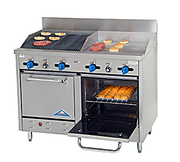 Comstock-Castle F3218-24-2RB 48" Gas Restaurant Range, 24" Griddle, 24" Radiant Broiler, 2 Standard Ovens, Stainless Steel Front, 126,000 BTU - Bakery Wholesalers