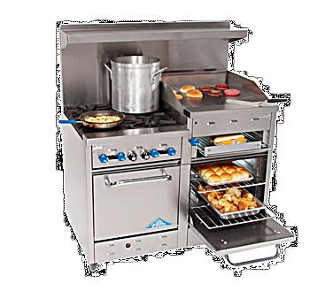 Comstock-Castle F3218-24B 48" Gas Restaurant Range, 4 Open Burners, 24" Charbroiler, 2 Standard Ovens, Stainless Steel Front, 204,000 BTU - Bakery Wholesalers