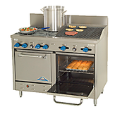 Comstock-Castle F3218-2RB 48" Gas Restaurant Range, 4 Open Burners, 24" Radiant Broiler, 2 Standard Ovens, Stainless Steel Front, 196,000 BTU - Bakery Wholesalers