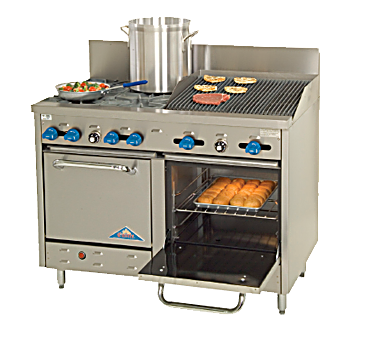 Comstock-Castle F3218-2RB 48" Gas Restaurant Range, 4 Open Burners, 24" Radiant Broiler, 2 Standard Ovens, Stainless Steel Front, 196,000 BTU - Bakery Wholesalers