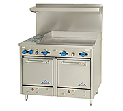 Comstock-Castle F3218-36 48" Gas Restaurant Range, 2 Open Burners, 36" Griddle, 2 Standard Ovens, Stainless Steel Front, 174,000 BTU - Bakery Wholesalers