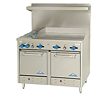 Comstock-Castle F3218-36 48" Gas Restaurant Range, 2 Open Burners, 36" Griddle, 2 Standard Ovens, Stainless Steel Front, 174,000 BTU - Bakery Wholesalers