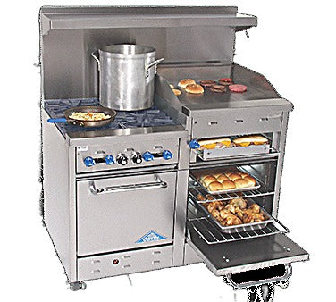 Comstock-Castle F3218-36B 48" Gas Restaurant Range, 2 Open Burners, 36" Charbroiler, 2 Standard Ovens, Stainless Steel Front, 158,000 BTU - Bakery Wholesalers
