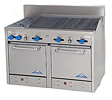 Comstock-Castle F3218-3RB 48" Gas Restaurant Range, 2 Open Burners, 36" Radiant Broiler, 2 Standard Ovens, Stainless Steel Front, 173,000 BTU - Bakery Wholesalers