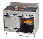 Comstock-Castle F3218-4RB 48" Gas Restaurant Range, 4 Open Burners, 48" Radiant Broiler, 2 Standard Ovens, Stainless Steel Front, 150,000 BTU - Bakery Wholesalers