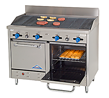 Comstock-Castle F3218-4RB 48" Gas Restaurant Range, 4 Open Burners, 48" Radiant Broiler, 2 Standard Ovens, Stainless Steel Front, 150,000 BTU - Bakery Wholesalers
