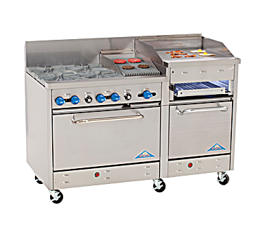 Comstock-Castle F3226-1.5RB-30B 60" Gas Restaurant Range, 2 Open Burners, 18" Radiant Broiler, 30" Charbroiler, 2 Standard Ovens, Stainless Steel Front, 198,000 BTU - Bakery Wholesalers
