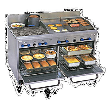 Comstock-Castle F3226-18-1.5RB 60" Gas Restaurant Range, 4 Open Burners, 18" Griddle, 18" Radiant Broiler, 2 Standard Ovens, Stainless Steel Front, 244,000 BTU - Bakery Wholesalers