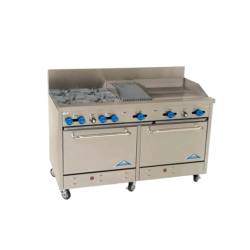 Comstock-Castle F3226-1RB-24B 60" Gas Restaurant Range, 4 Open Burners, 24" Radiant Broiler, 2 Standard Ovens, Stainless Steel Front, 211,000 BTU - Bakery Wholesalers