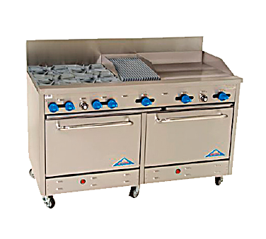 Comstock-Castle F3226-24-1RB 60" Gas Restaurant Range, 4 Open Burners, 24" Griddle, 12" Radiant Broiler, 2 Standard Ovens, Stainless Steel Front, 246,000 BTU - Bakery Wholesalers