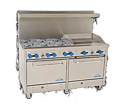 Comstock-Castle F3226-24 60" Gas Restaurant Range, 6 Open Burners, 24" Griddle, 2 Standard Ovens, Stainless Steel Front, 270,000 BTU - Bakery Wholesalers