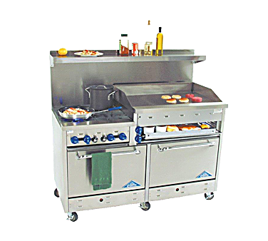 Comstock-Castle F3226-36B 60" Gas Restaurant Range, 4 Open Burners, 36" Charbroiler, 2 Standard Ovens, Stainless Steel Front, 216,000 BTU - Bakery Wholesalers