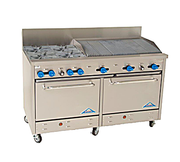 Comstock-Castle F3226-4RB 60" Gas Restaurant Range, 2 Open Burners, 48" Radiant Broiler, 2 Standard Ovens, Stainless Steel Front, 208,000 BTU - Bakery Wholesalers