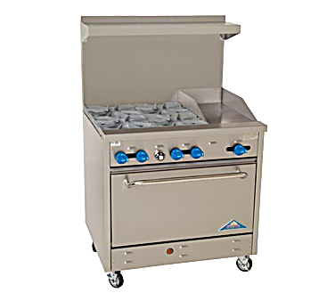 Comstock-Castle F330-12 36" Gas Restaurant Range, 4 Open Burners, 12" Griddle, Single Standard Oven, Stainless Steel Front, 162,000 BTU - Bakery Wholesalers