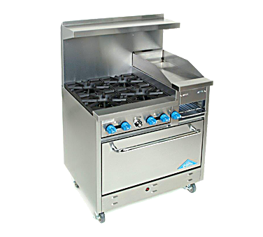 Comstock-Castle F330-12B 36" Gas Restaurant Range, 4 Open Burners, 12" Griddle/Broiler, Single Standard Oven, Stainless Steel Front, 162,000 BTU - Bakery Wholesalers