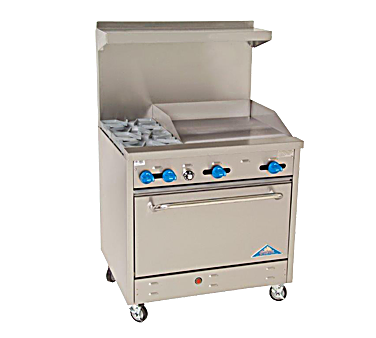 Comstock-Castle F330-24 36" Gas Restaurant Range, 2 Open Burners, 24" Manual Griddle, Single Standard Oven, Stainless Steel Front, 132,000 BTU - Bakery Wholesalers