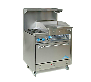 Comstock-Castle F330-24B 36" Gas Restaurant Range, 2 Open Burners, 24" Charbroiler, Single Standard Oven, Stainless Steel Front, 108,000 BTU - Bakery Wholesalers