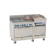 Comstock-Castle F33018-1RB-24B 60" Gas Restaurant Range, 4 Open Burners, 12" Radiant Broiler, 24" Charbroiler, 2 Standard Ovens, Stainless Steel Front, 206,000 BTU - Bakery Wholesalers