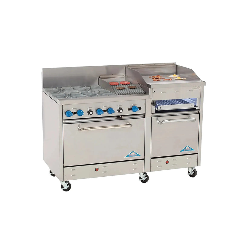 Comstock-Castle F33018-1RB-24B 60" Gas Restaurant Range, 4 Open Burners, 12" Radiant Broiler, 24" Charbroiler, 2 Standard Ovens, Stainless Steel Front, 206,000 BTU - Bakery Wholesalers