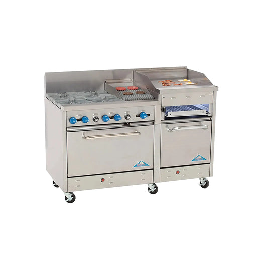 Comstock-Castle F33018-1RB-24B 60" Gas Restaurant Range, 4 Open Burners, 12" Radiant Broiler, 24" Charbroiler, 2 Standard Ovens, Stainless Steel Front, 206,000 BTU - Bakery Wholesalers
