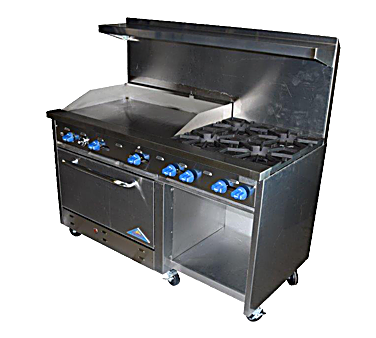 Comstock-Castle F33032-24 60" Gas Restaurant Range, 6 Open Burners, 24" Griddle, Single Standard Oven, Stainless Steel Front, 214,000 BTU - Bakery Wholesalers