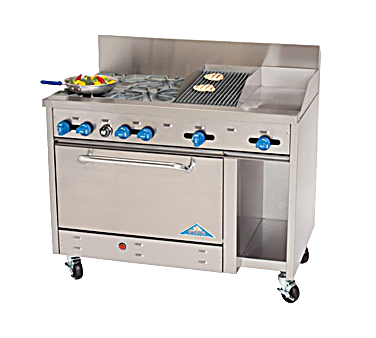 Comstock-Castle F3430-12-2RB 48" Gas Restaurant Range, 2 Open Burners, 12" Griddle, 24" Charbroiler, Single Standard Oven, Stainless Steel Front, 148,000 BTU - Bakery Wholesalers