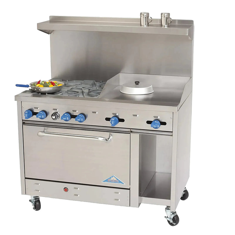 Comstock-Castle F3430-12B 48" Gas Restaurant Range, 6 Open Burners, 12" Charbroiler, Single Standard Oven, Stainless Steel Front, 214,000 BTU - Bakery Wholesalers